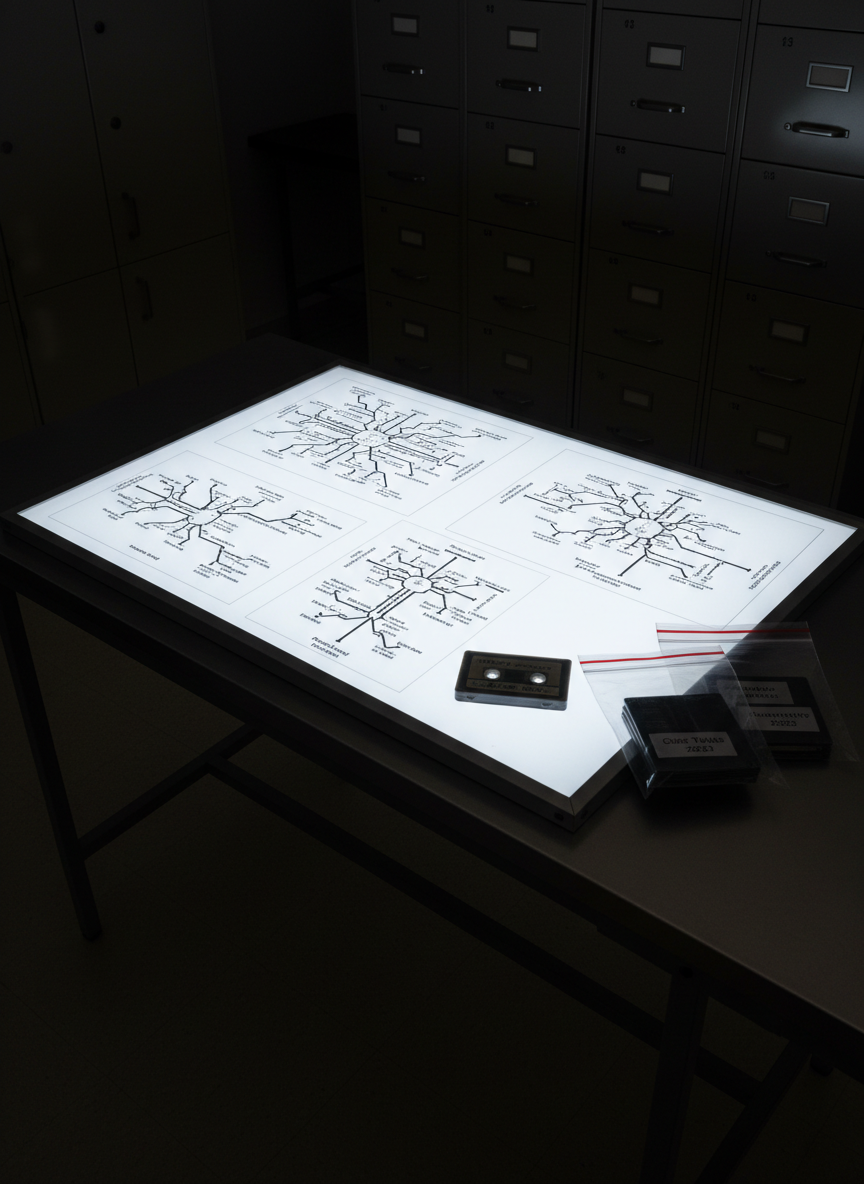 A dimly lit archival lab where an illuminated lightbox dominates the center of a sturdy metal table. On the glowing surface lie transparent overlays of narrative diagrams, branching like intricate root systems, annotated with tiny, typed labels such as “origin myth,” “displacement,” and “reclamation.” Nearby, clear plastic evidence bags contain labeled audio cassettes and memory cards. The background holds tall shadowed cabinets with discreet classification numbers. The only strong light source is the cool white lightbox, casting upward illumination that emphasizes the translucence of the diagrams and creates dramatic, elongated shadows of the storage media. Photographed from a slightly elevated angle with a moderate depth of field, the mood is forensic and contemplative, highlighting the attempt to dissect and systematize fluid, oral storytelling.