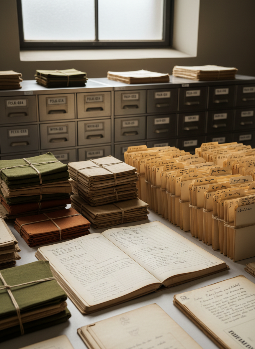 A meticulously organized archival table filled with textured, earth-toned artifacts: stacked weathered notebooks with frayed cloth covers, rows of neatly labeled manila folders, and a central open ledger showing carefully inked taxonomies of oral narratives. Surrounding the table are brushed metal card catalog drawers, each marked with precise classification codes. Soft, diffused daylight from a high frosted window washes across the scene, creating gentle shadows that emphasize paper grain and handwritten marks. Photographic realism at eye level, with a shallow depth of field that keeps the open ledger in crisp focus while the background dissolves into a subtle blur. The mood is analytical yet reverent, conveying a professional, methodical attempt to bring structural order to vast, untamed stories.