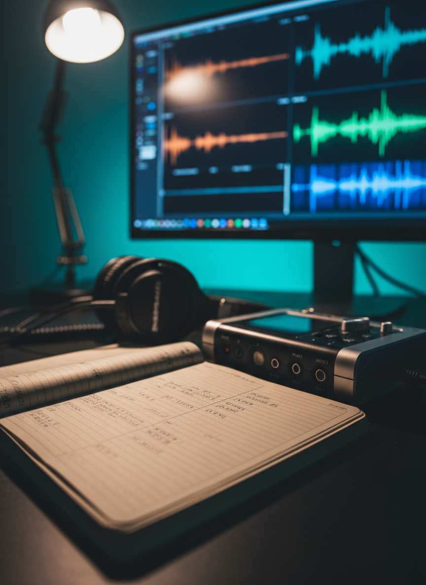 A tightly framed, photographic close-up of a professional-grade audio workstation: a sleek black digital recorder, high-fidelity studio headphones resting on coiled cables, and a large screen displaying colorful spectrograms of recorded African oral narratives. The equipment sits on a matte black desk surface, contrasted by a single, worn field notebook open to penciled transcription marks and timestamps. Subtle, focused side lighting from a desk lamp creates a chiaroscuro effect, accentuating metal textures, screen glow, and embossed labels on the recorder. Shot at a low, cinematic angle with shallow depth of field, the glowing spectrogram fills the background as the notebook remains in sharp focus, evoking a contemplative, analytical mood that bridges raw sound and structured data.