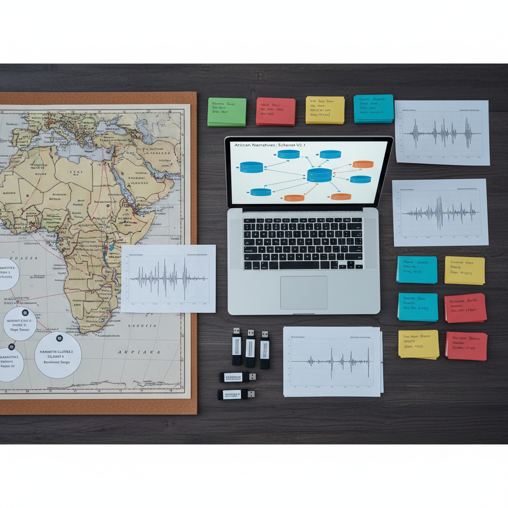 A high-resolution overhead photograph of a large, dark wooden desk where physical and digital archives intersect: an open laptop displaying a complex database schema of African narratives, surrounded by color-coded index cards, printed waveform diagrams of audio recordings, and a scatter of USB drives labeled with archive codes. On one side, a detailed map of Africa and the diaspora is pinned to a cork mat, with red thread linking regions to numbered narrative clusters. Cool, even studio lighting creates minimal shadows and maximal clarity, emphasizing precision and data. The composition is balanced and grid-like, evoking order and structure, with photographic realism and a clean, modern aesthetic that highlights the transformation of oral traditions into analyzable digital data.