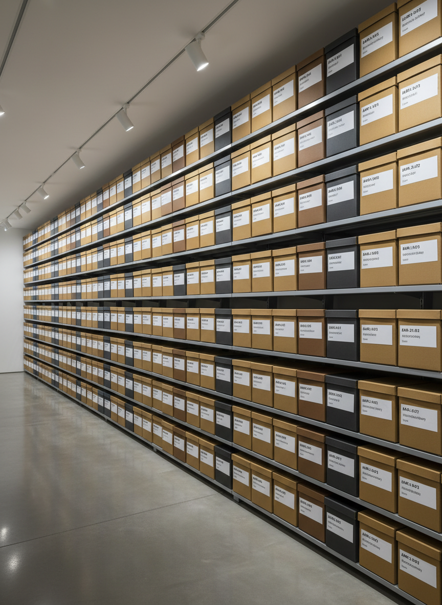 A long, minimalist shelving wall in photographic realism, filled not with books but with uniformly sized archival boxes in muted ochres, deep browns, and charcoal greys. Each box bears a crisp white label with alphanumeric codes and tags such as “migration,” “ritual,” and “memory.” The floor is polished concrete, reflecting faint outlines of the lower shelves. Overhead, soft, neutral-toned track lighting runs the length of the wall, casting controlled, gentle illumination with almost no harsh shadows. Shot from a slightly oblique angle using the rule of thirds, the rows of boxes recede in precise perspective, conveying a sense of infinite categorization. The atmosphere is calm, austere, and rigorously professional, suggesting the systematic containment of sprawling, diverse African and diasporic narratives.